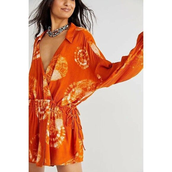 NWT FREE PEOPLE Sz XS MARLA PRINTED SHORTALL TIE DYE ROMPER  IN SIENNA - Picture 1 of 3